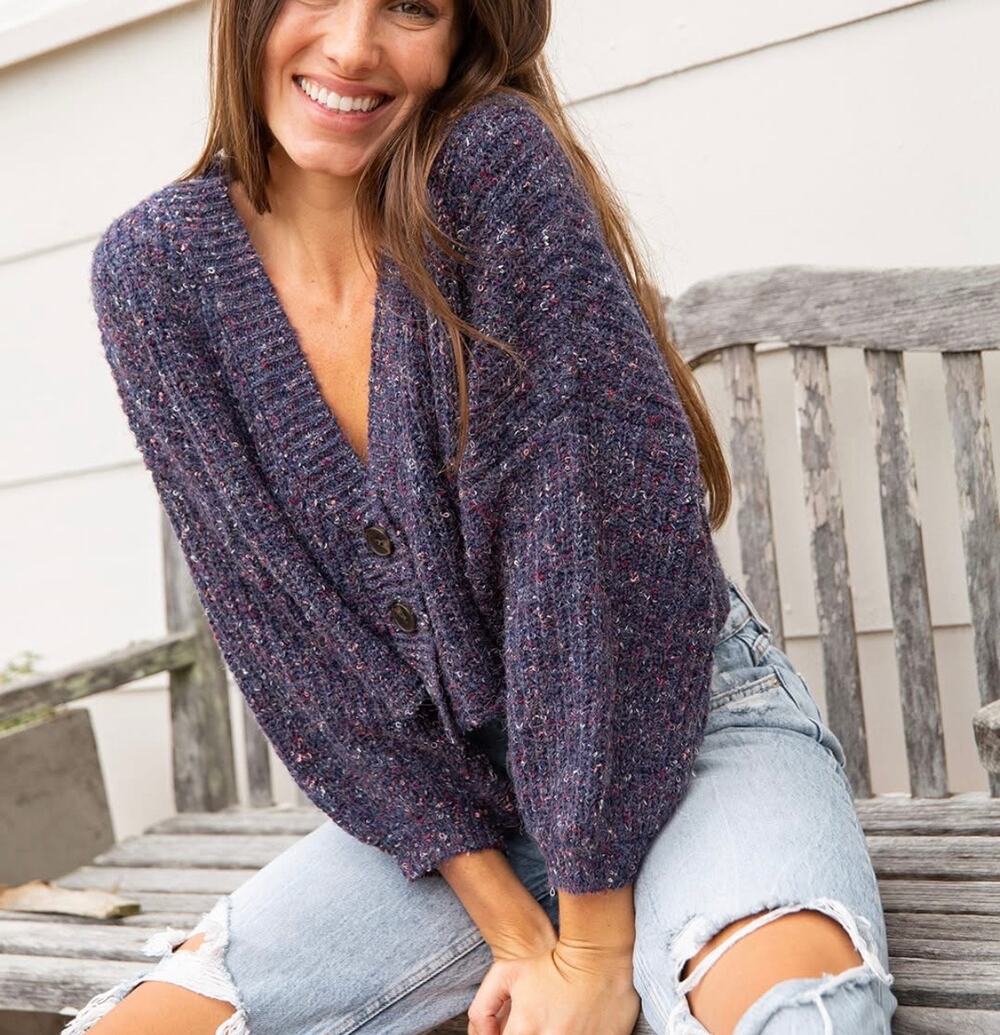 Knit Bohemian Chic Preppy Textured Heather Purple Cropped Oversized Cardigan